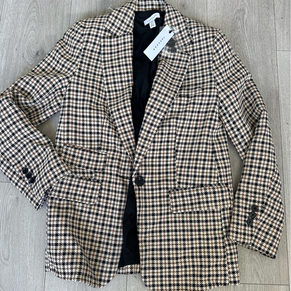 Topshop Checkered Blazer in Black and Tan